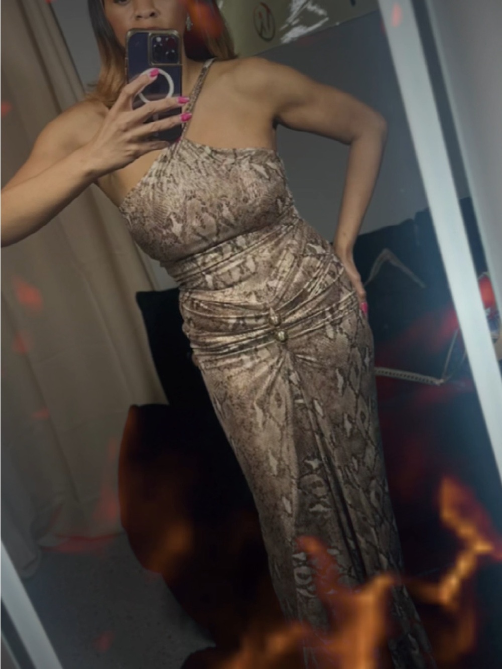 LUXXEL Metallic Snake Print Ruched Maxi Dress Gold Bronze Size Medium NWT